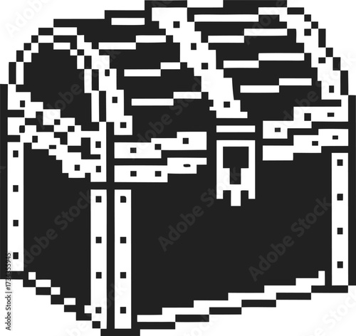 Pixel art treasure chest illustration vintage black and white icon, retro gaming loot box, pixelated fantasy reward design