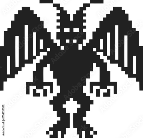 pixelated demon silhouette with wings and horns retro black monster figure, isolated 8 bit for digital fantasy