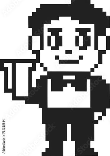 Pixel art waiter holding towel, retro 8 bit servant character in uniform with bow tie, hospitality concept