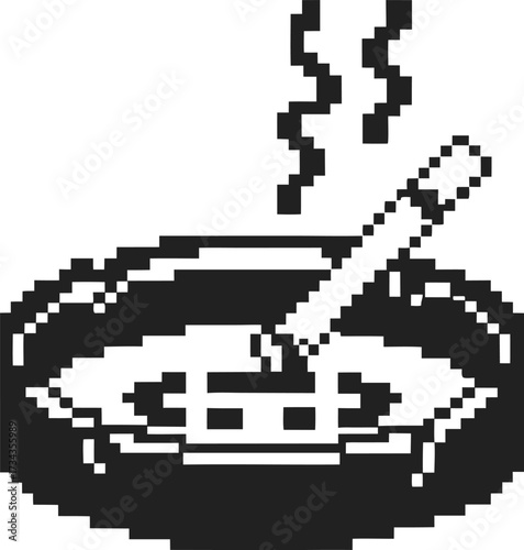 Smoking cigarette in ashtray, pixel art retro monochrome illustration, addiction, unhealthy habit, burning tobacco