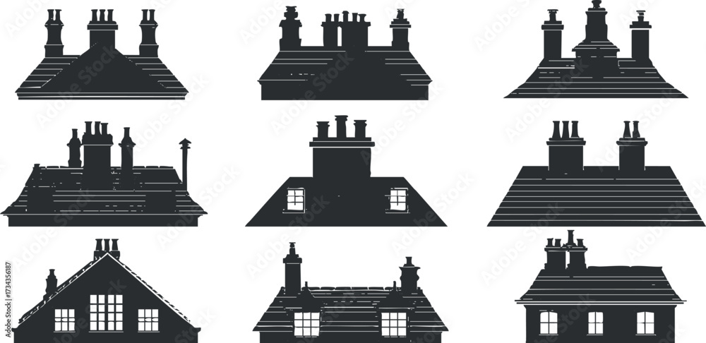 Fototapeta premium Collection of black and white silhouettes of various chimney and roof designs..