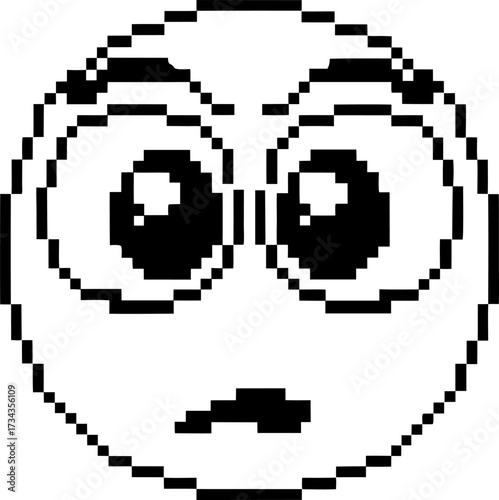 Pixelated surprised face icon with wide eyes and raised eyebrows, minimal black and white emoticon for digital expression