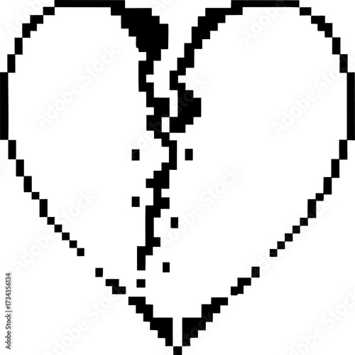 Pixelated black and white broken heart symbol simple digital sketch representing heartbreak, separation, sadness, emotional pain