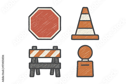 Textured hand drawn style road construction safety elements including stop sign traffic cone and barrier