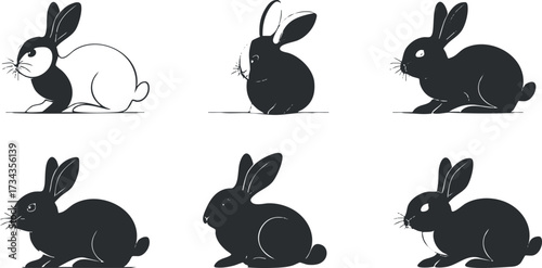 A collection of six playful black rabbits in various poses and expressions, ideal for children's art..