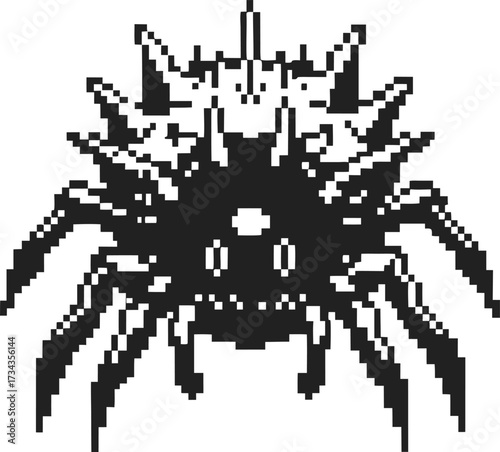 Pixel art spider monster with multiple eyes and spiky legs on white background retro black and white digital creature illustration