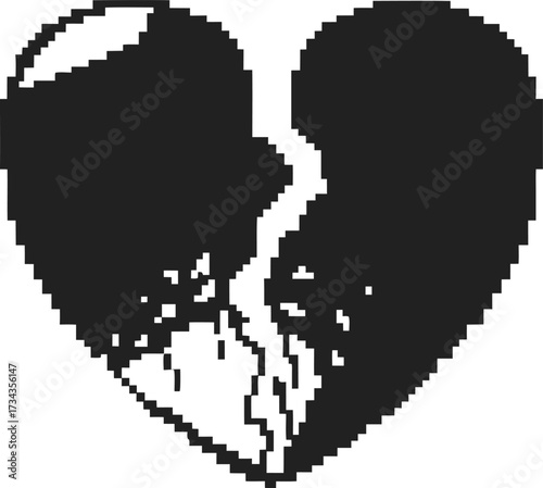 Pixelated broken heart symbol, black and white retro digital art, classic 8 bit style, emotional sadness concept