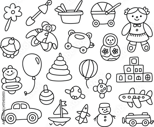Diverse Collection of Hand Drawn Children's Toys and Playthings Outlines kids game