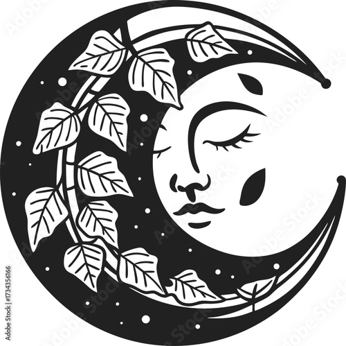 Crescent moon with serene face and climbing leaves, night sky with stars, mystical celestial illustration, bohemian art