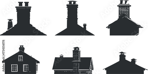 Collection of chimney silhouettes showcasing various architectural styles and designs for homes..