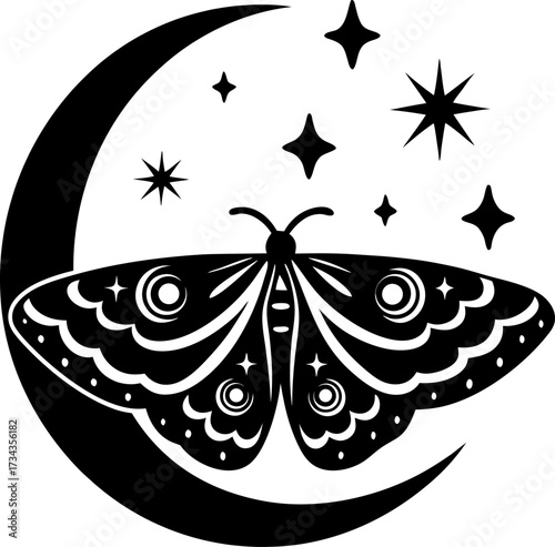 Artistic moth illustration with ornate wings, crescent moon, and stars celestial night, mystical, decorative silhouette design