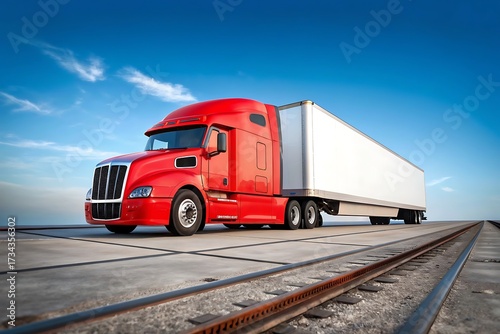 Red Semi Truck with White Trailer on Concrete and Railroad Tracks against Blue Sky Cloudscape