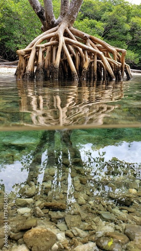 Mangrove roots and clear water