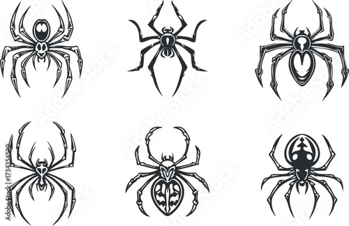 A collection of stylized spider illustrations showcasing various designs and poses in black and white..