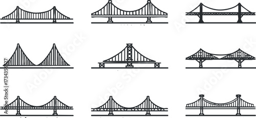 A collection of various bridge designs illustrated in a minimalist style..