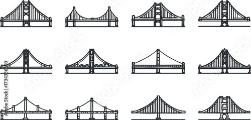 Collection of bridge illustrations showcasing various architectural designs and styles in a linear format..