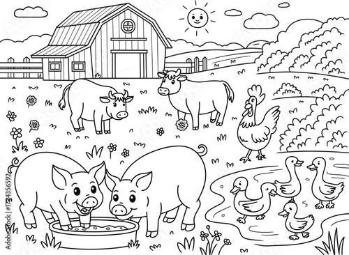 Farm animals and barn in a rural landscape coloring page vector illustration