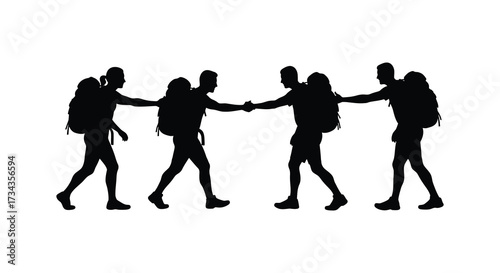 Group of hikers holding hands together on a trail silhouette