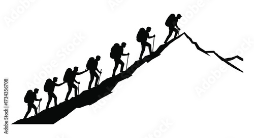 A line of hikers ascending a steep mountain black silhouette