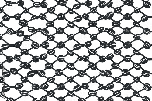 Abstract black and white pattern featuring interconnected coffee bean shapes and lines..