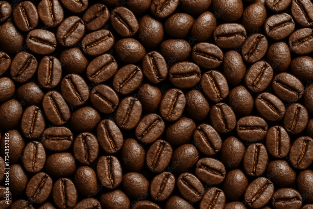 Naklejka premium Close-up view of roasted coffee beans arranged in a seamless pattern with detailed texture on a dark background, emphasizing food and creative visuals. Ai generative