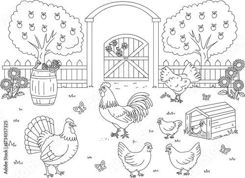 Farm scene outline with chickens, rooster, turkey, trees, and coop farmyard animals
