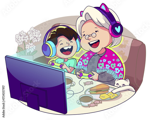 Grandmother and her grandson play video games together. Cozy and funny vector illustration.