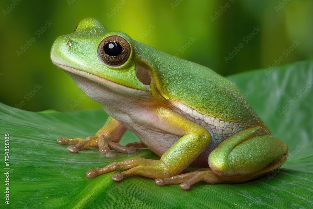 Fototapeta premium Emerald Green Frog on a Lush Leaf Surface tree frog