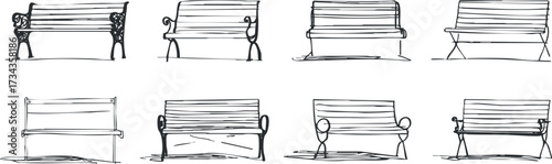 A collection of hand-drawn benches showcasing various styles and perspectives for design inspiration..