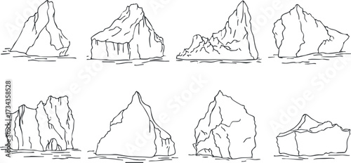 A collection of eight artistic illustrations of icebergs floating on water..