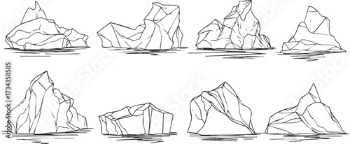 A collection of minimalist line art illustrations of icebergs floating in water..