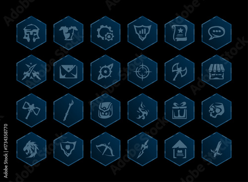 RPG UI icon pack fantasy. Hexagon flat game icons for quest, shop, mail, chat, gift, combat, clan, armor, gear, skill, hero, inventory, action, pvp, hud, strategy, adventure, MMORPG design asset.
