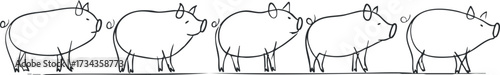 A whimsical line drawing of five cute pigs walking in a row on a farm..