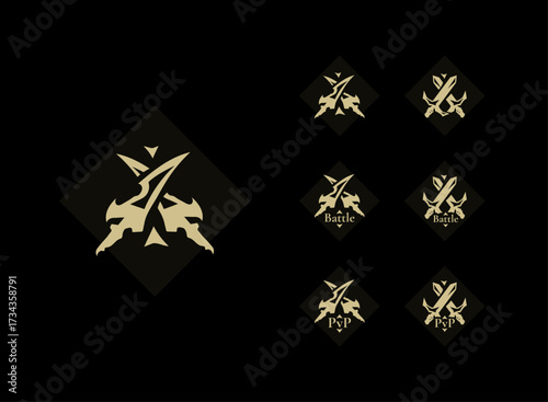 RPG battle icon pack UI. Fantasy sword cross weapon emblem for combat, PvP, duel, clan war, quest, arena, fight, strategy, action, warrior guild, minimal flat vector, game design asset.