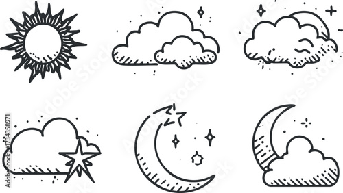 A collection of hand-drawn weather symbols including sun, clouds, moon, and stars..