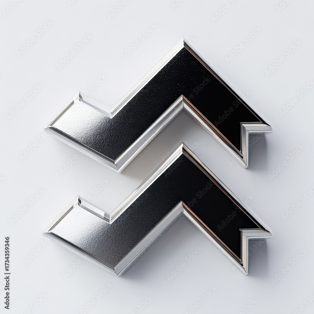 Fototapeta premium Two mirrored, shiny silver shapes, each with a reversed, angled corner, sitting on a white surface