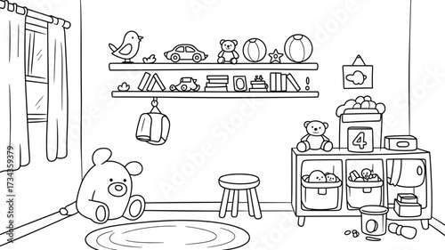 Kids bedroom with shelves full of toys, books, and a teddy bear children