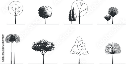 A collection of diverse tree silhouettes showcasing various shapes and styles for artistic inspiration..