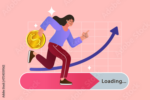 Financial growth and business development concept. A woman with a coin runs along a rising arrow chart, with a loading bar symbolizing the progress of an investment, startup, or successful strategy.