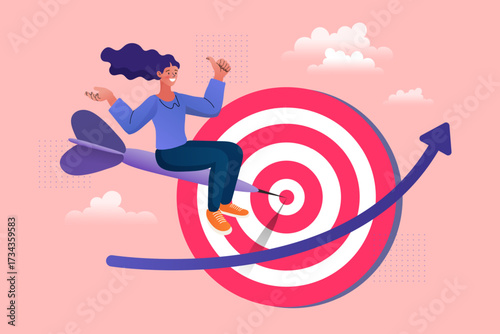Business success and goal achievement concept. A happy businesswoman rides a dart into a target's bullseye, representing a successful strategy, focus, precision, and hitting a key performance objectiv