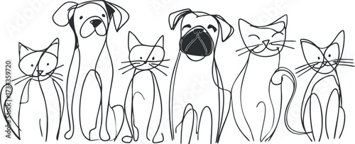 A charming line art illustration featuring dogs and cats as adorable companions..