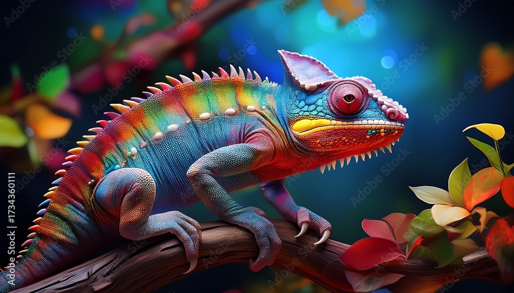 Fototapeta premium colourful chameleon on a branch midjourney generative ai chameleon colourful branch journey nature