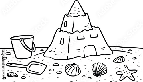 Sandcastle with Bucket and Shovel on Beach Coloring Page vector illustration