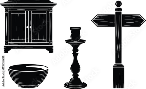 Vintage furniture candlestick signpost and bowl isolated on silhouette art