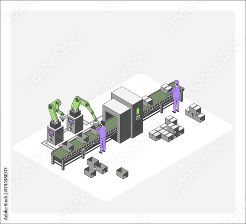 Cartoon Color Robotic Assembly Line Factory Conveyor Concept 3d Isometric View Line Elements. Vector illustration of Industrial Automation Process