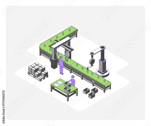 Cartoon Color System Robotic Arms Factory Conveyor Concept 3d Isometric View Line Elements. Vector illustration of Industrial Automation Process