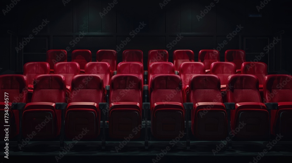 Naklejka premium Empty Red Theater Seats Inside Dark Auditorium with Dim Lighting