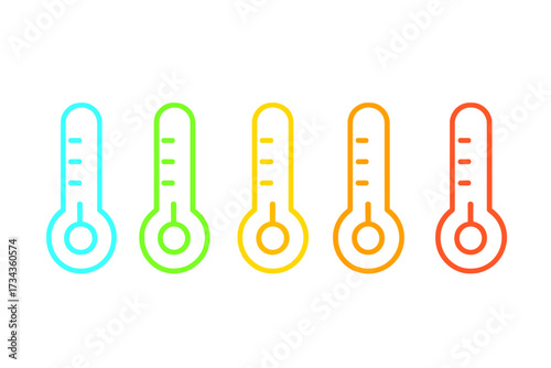 Horizontal row of colorful gradient outline thermometers for measuring temperature changes and environmental conditions