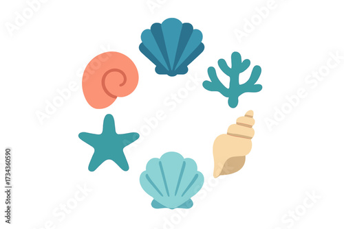 Colorful stylized ocean creatures and coral reef elements arranged in a decorative circular pattern on a white background