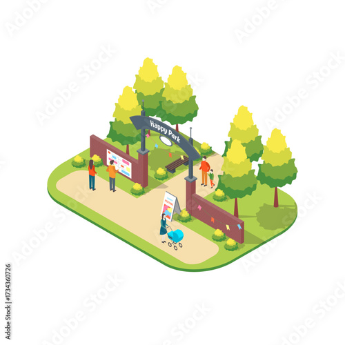 Cartoon Color Character People and Entrance Scene Summer Park Fest Concept 3d Isometric View. Vector illustration